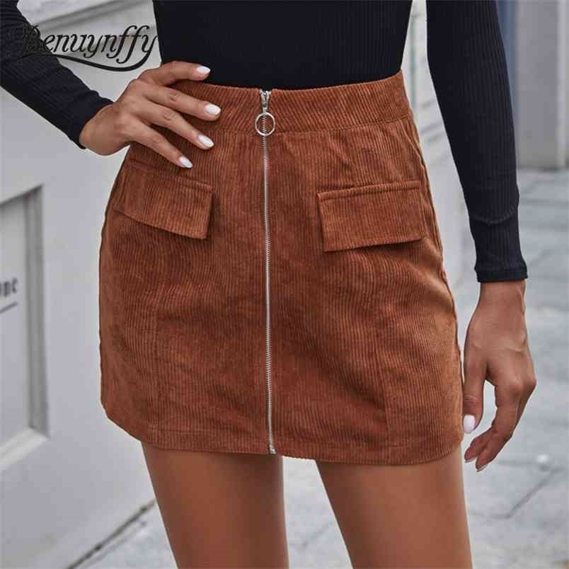 O-Ring Zipper Up Corduroy Skirt Women Autumn winter Solid High Waist Bodycon A-Line s Casual Ladies Mini 210510