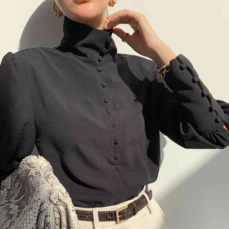 Turtleneck Lantern Sleeve Shirts for Women Elegant Black Blouse Office Lady Fashion Button Solid Female Clothing 12882 210506