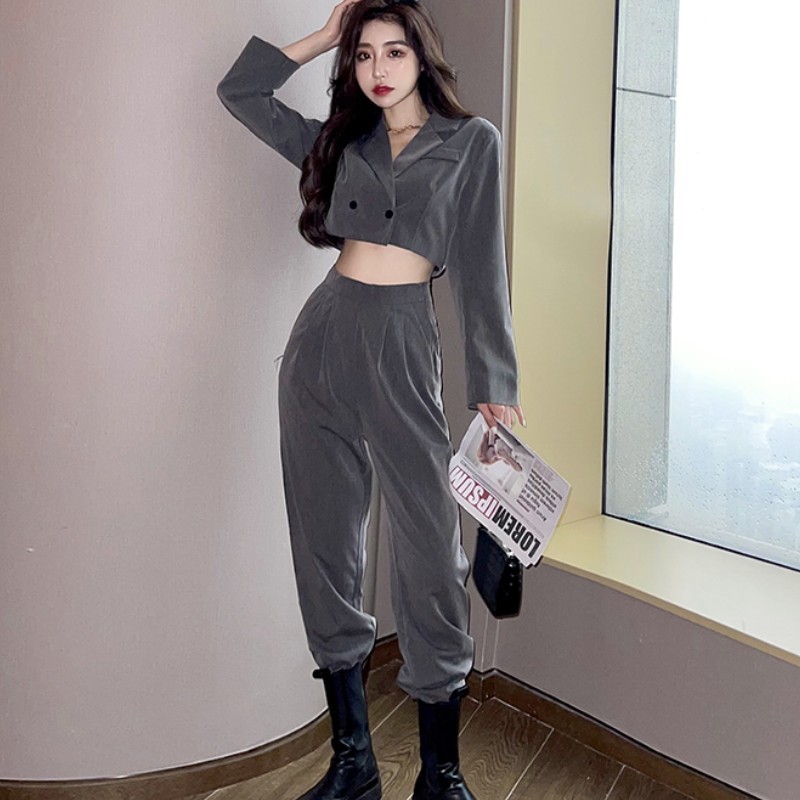 Spring Women Two Piece Set Fashion Notched Collar Long Sleeve Sexy Short Coat + High Waist Office OL Pants Suits 210519