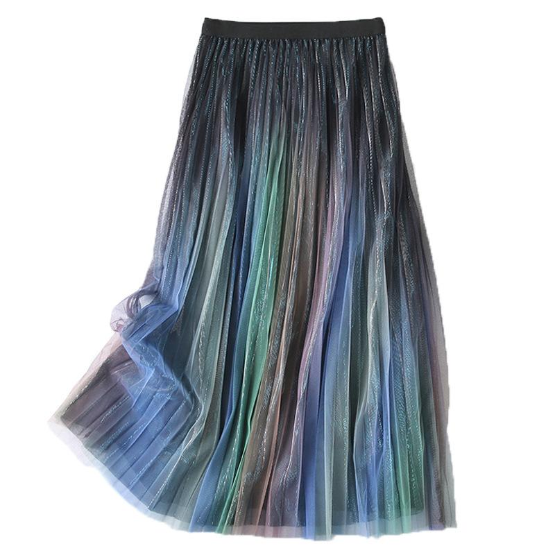 

Skirts Elegant Pleated Women Gradient Rainbow Work Wear Vintage Fashion High Waist Colorful Mesh Casual Jupe Femme T041, Green