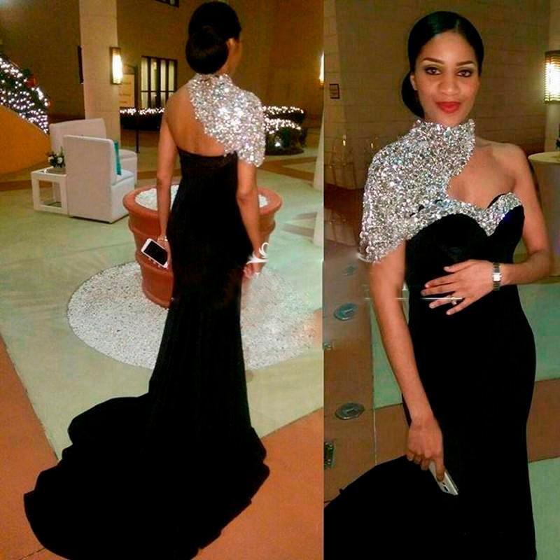 Bling Elegant 2021 Black Long Mermaid Evening Dresses High Neck Short Sleeves Women Crystal Beaded Formal Prom Gowns