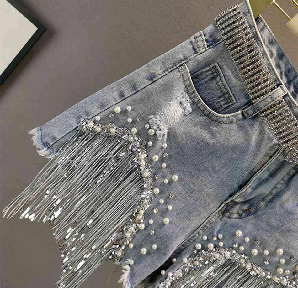Free Female Denim Shorts Summer Wear High Waist Slimming Heavy Beaded Sequin Fringed Ripped Jeans Pants 210524