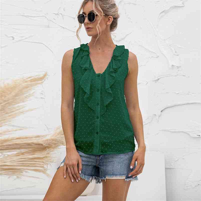 Summer Solid Ruffle Tank Tops Women Sleeveless Tee Dot Printed V Neck Button Female Vest Casual Loose Chiffon Tshirt 210522
