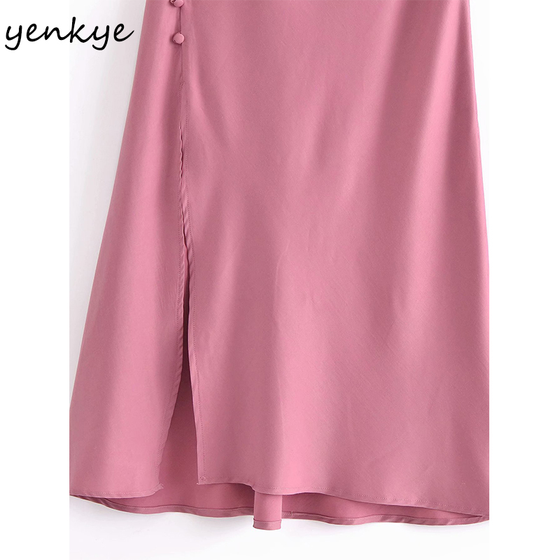 Summer Sexy Sling Dress Women Solid Color Satin Side Button Slits Long Female Night Out Vestido 210430