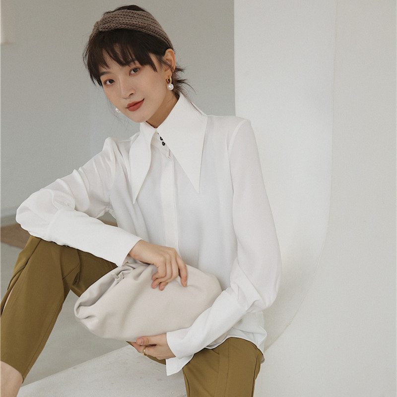 White Vintage Blouse Long Sleeve Button Down Big Collar Shirt Ladies High Fashion Blouses And Tops Fall Clothing 210427