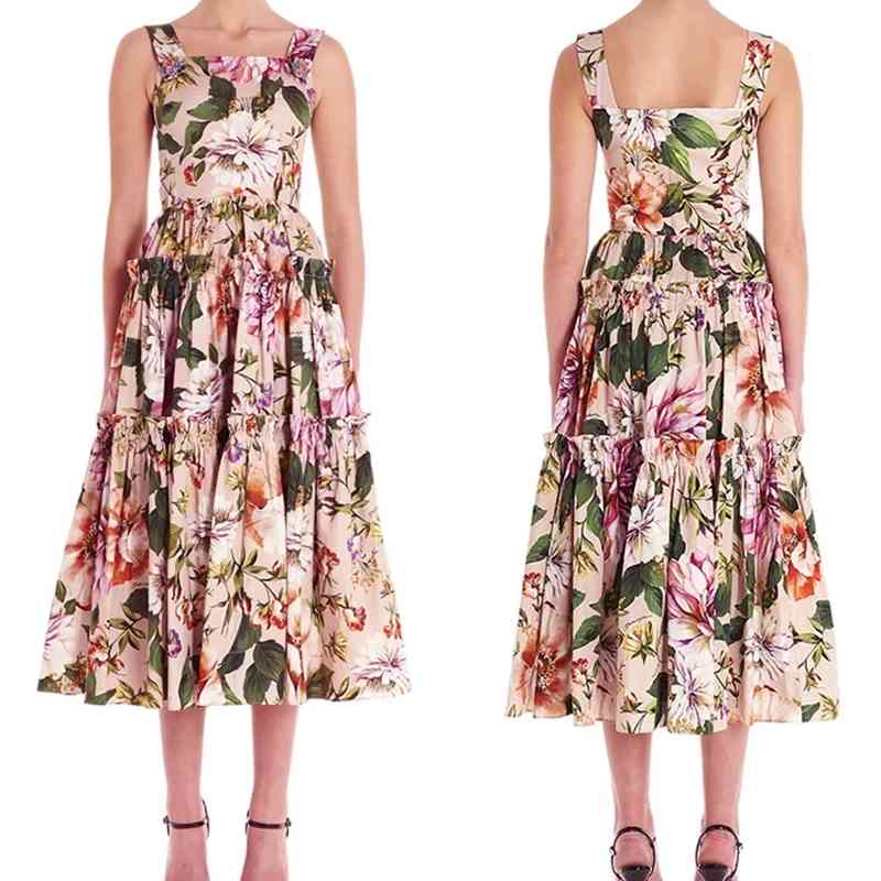 Runway Fashion Summer Floral Print Spaghetti Strap Dress Women's Sexy Backless Ruffles Petal Buttons Vintage Midi Dresses 210506