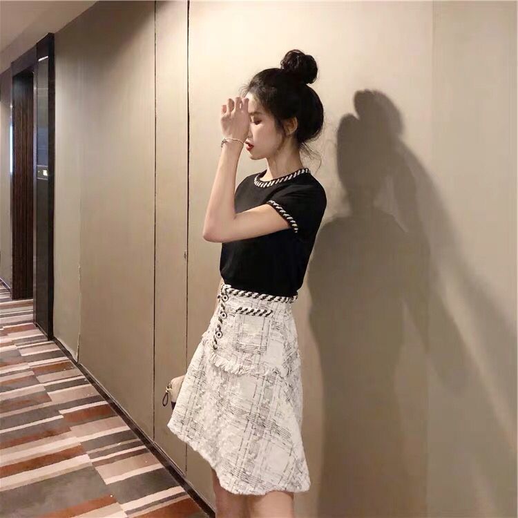 Fashion Runway Summer Tweed Plaid Skirts Suits Elegant White Cotton T-shirt Ladies 2 Two Pieces Set 210520