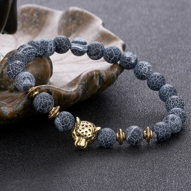 Black Natural Agate Strands Bracelet Antique Gold Silver Leopard Head Charm Bracelets