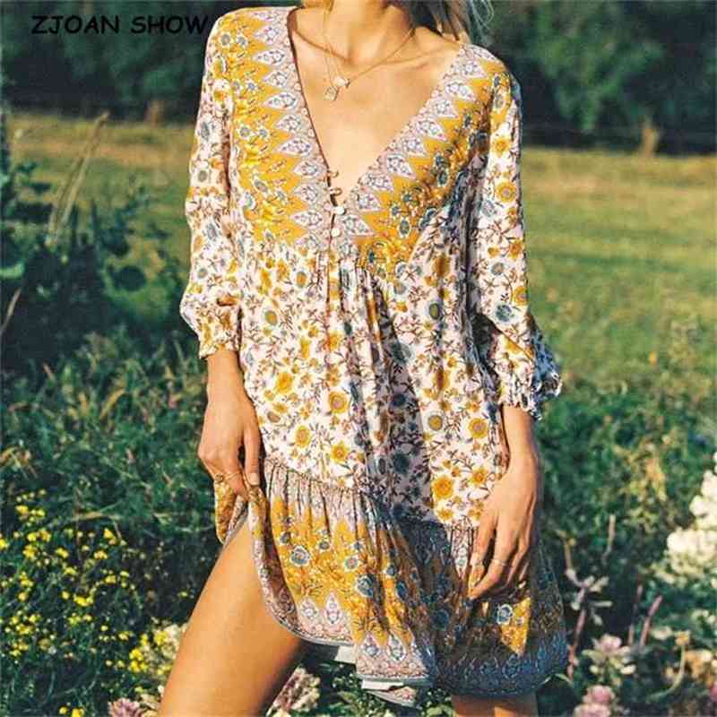 Bohemian Open Buttons Hit color Floral Print Short Dress Hippie 3/4 Sleeve Woman Holiday Dresses BOHO 3 Colors 210429
