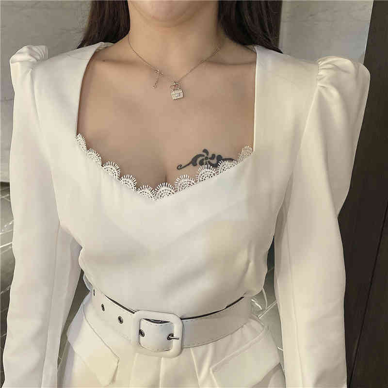 Summer Korean Women Elegant Solid Jumpsuit Lace Long Sleeve V Neck Office Lady Short Wide leg Bodysuit With Belt 210519