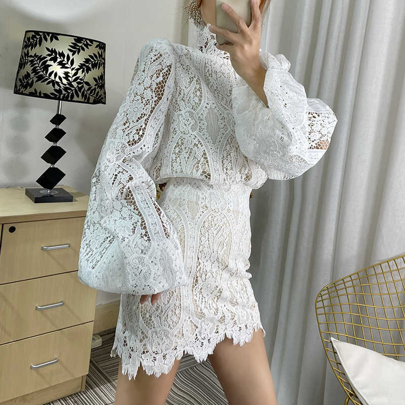 DEAT Women High Elastic Waist Buttocks Skirt Vintage Lace Hollow Out Shirt Two Piece Set Fashion Spring Summer 11B135 210709