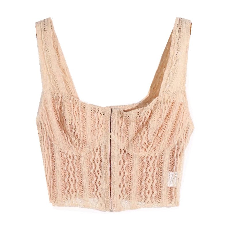 Sexy Covered Buttons Hollow Out Lace Short Tank Top Women Sleeveless Back Elastic Ruched Camisole Cropped Summer Cami 210429