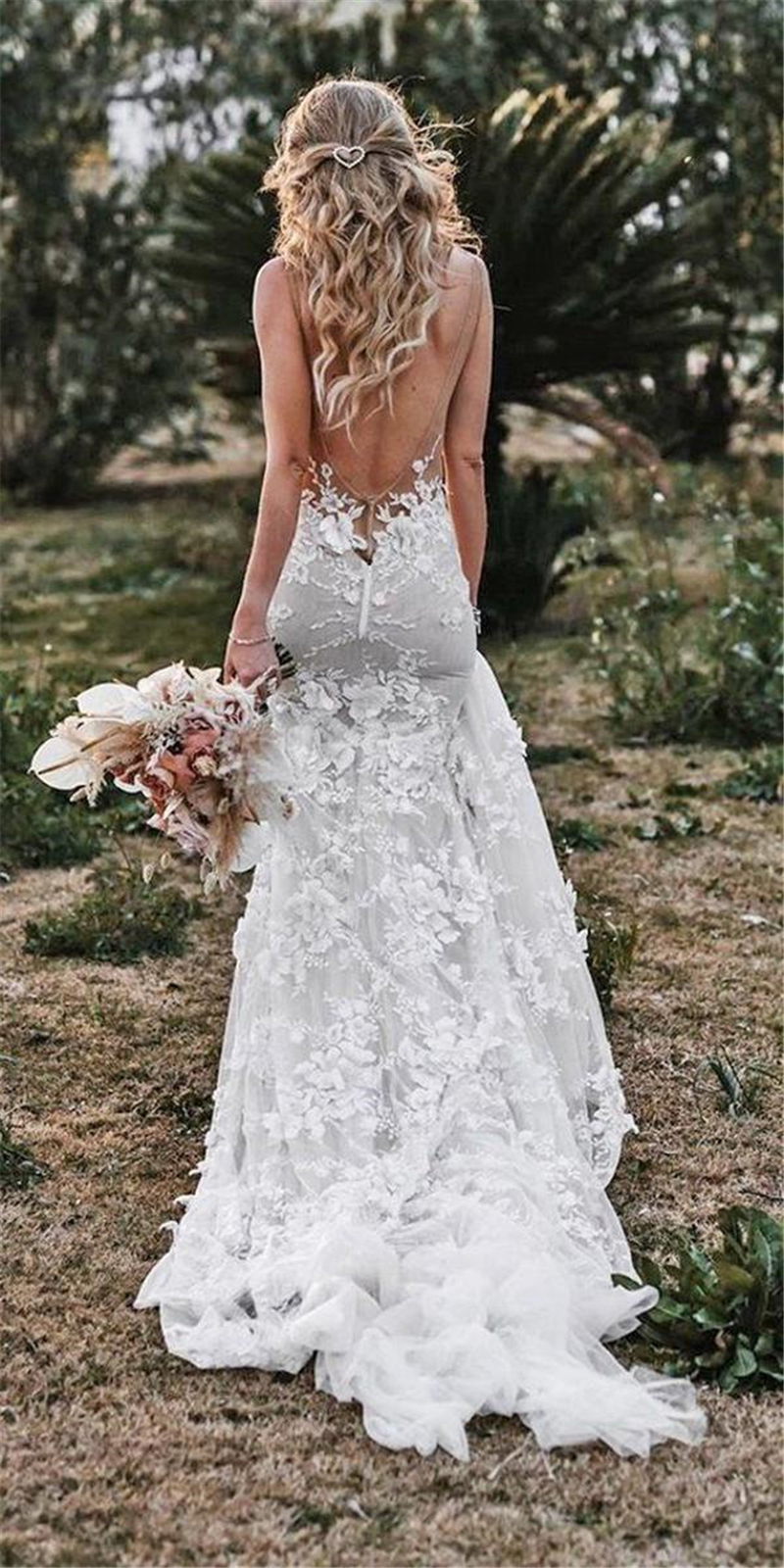 Mermaid Vintage Spaghetti Wedding Dress 2021 V-neck Backless Lace Appliques 3D Flowers Country Bridal Gown Plus Size Custom Made