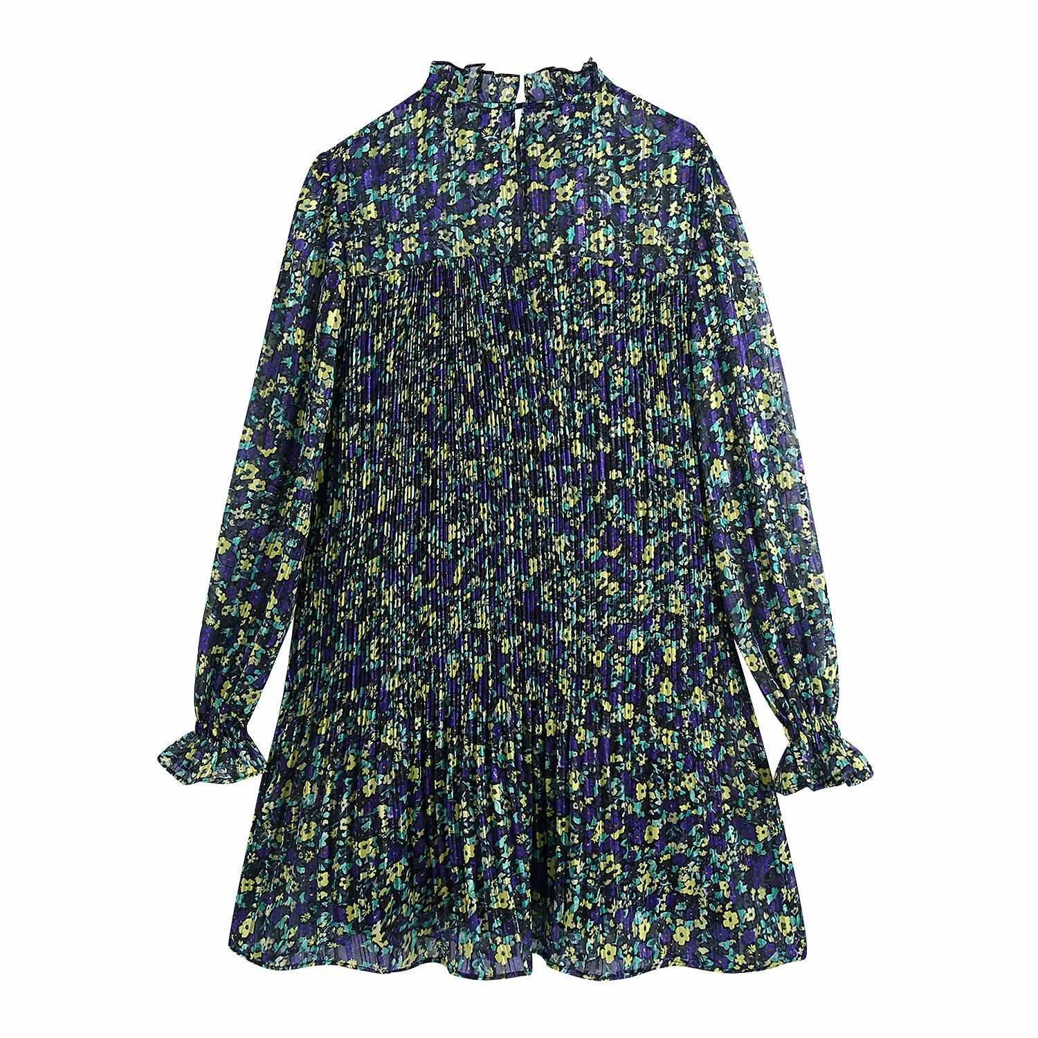 Women Chiffon Dress Printed Pleated Short Mini dress Long Sleeves Chic Lady elegant Vintage Casual Woman Dresses 210709