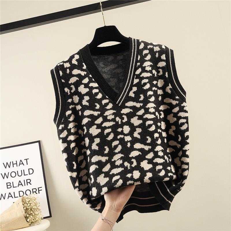 V-neck Leopard Pattern Knitted Sweater Vest Women Loose Sleeveless Fashion Short Pullover Female Spring Autumn 210915