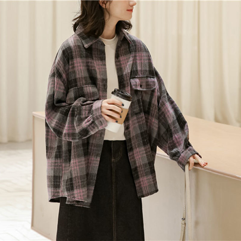 Autumn Korea Fashion Women Loose Casual Shirts Coat Woolen Plaid Vintage Turn-down Collar Blouse Big Size Blusas M553 210512