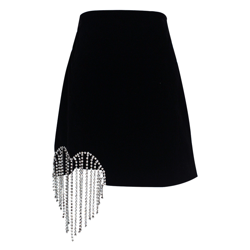 VGH Black Sexy Skirt For Women High Waist Patchwork Diamonds Tassel A Line Casual Mini Dresses Female Korean Summer Fashion 210421