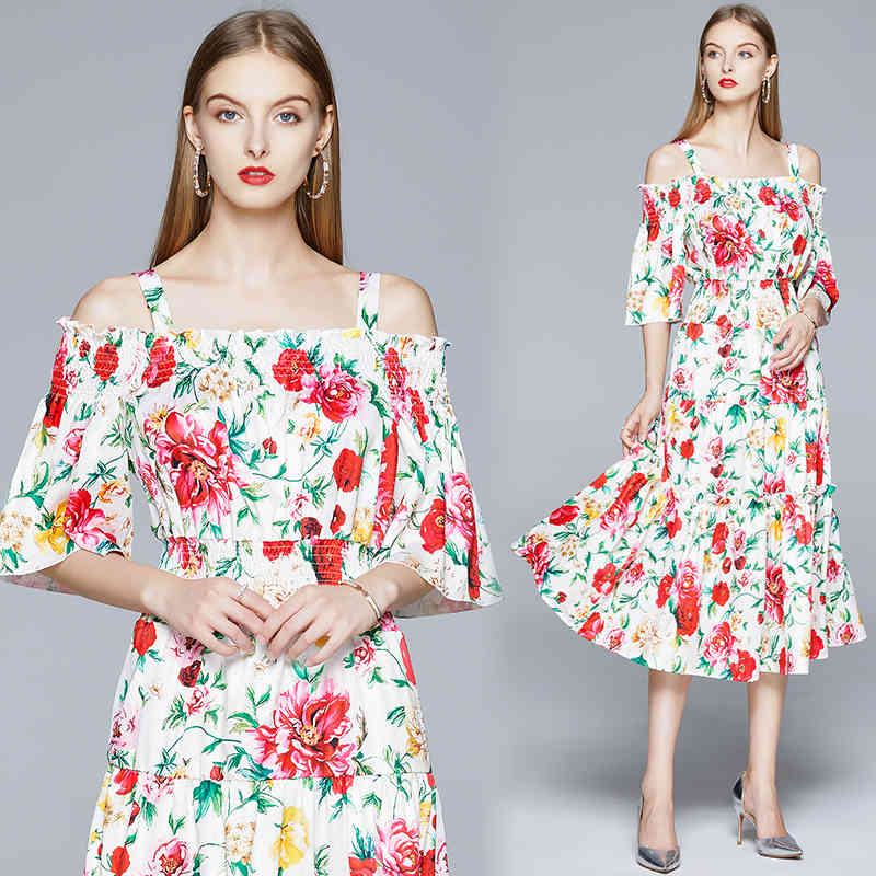 est Summer Holiday Dress Runway Women's Rose Print Spaghetti Strap Sexy Slash Neck Elastic Waist Long Dresses 210506