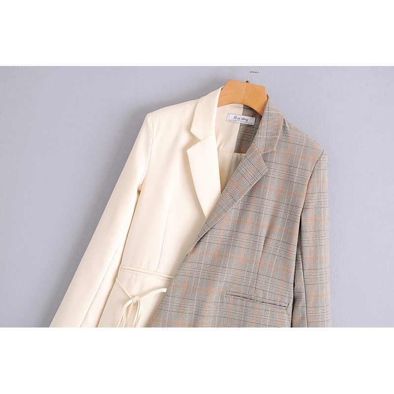 Elegant Women Plaid Patchwork Blazers Fashion Ladies Cross Drawsting Coats Streetwear Female Chic Asymmetric Jackets 210527