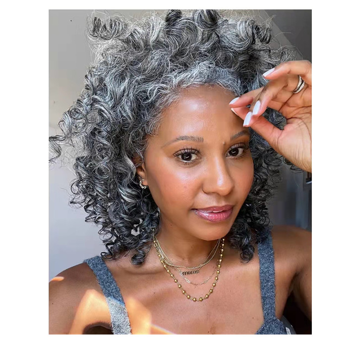 Wraps women gray human hair ponytail white hairs topper curl curly silver grey puff updo bun hairpiece 120g 14inch for black women