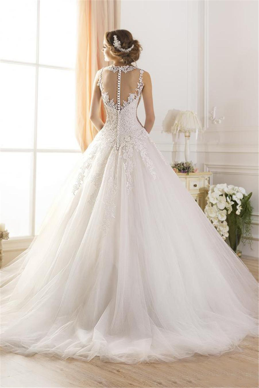 Beaded Lace Fluffy Illusion Backless Princess Bridal Ball Gowns Custom Made Sexy Illusion Jewel Neckline A-Line Sheer Wedding Dresses