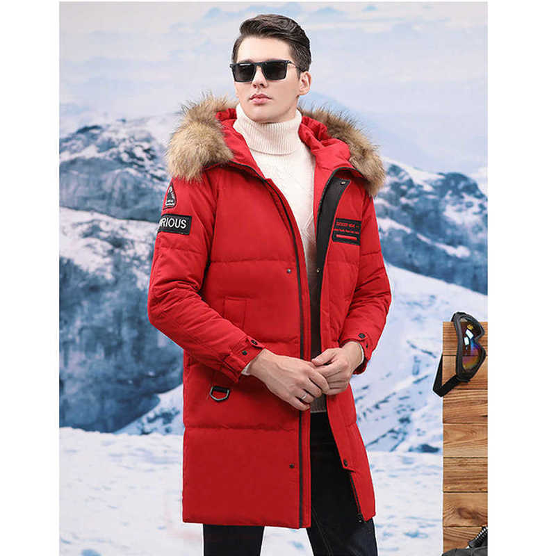 Winter Embroidery Thicken Long Down Jacket men Hooded Warm Parka 90% White Duck Down Real Fur Collar Male Coat 210927