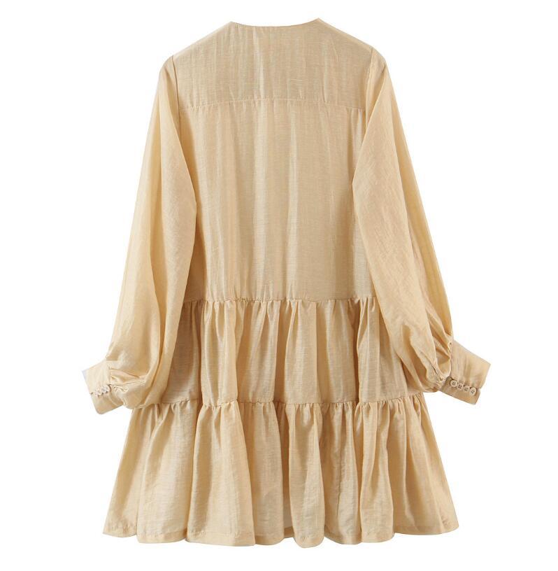 Vintage Open Buttons Round Collar Spliced Pleated Ruched Women Dress Holiday Lantern Sleeve Loose Dresses Beach 210429