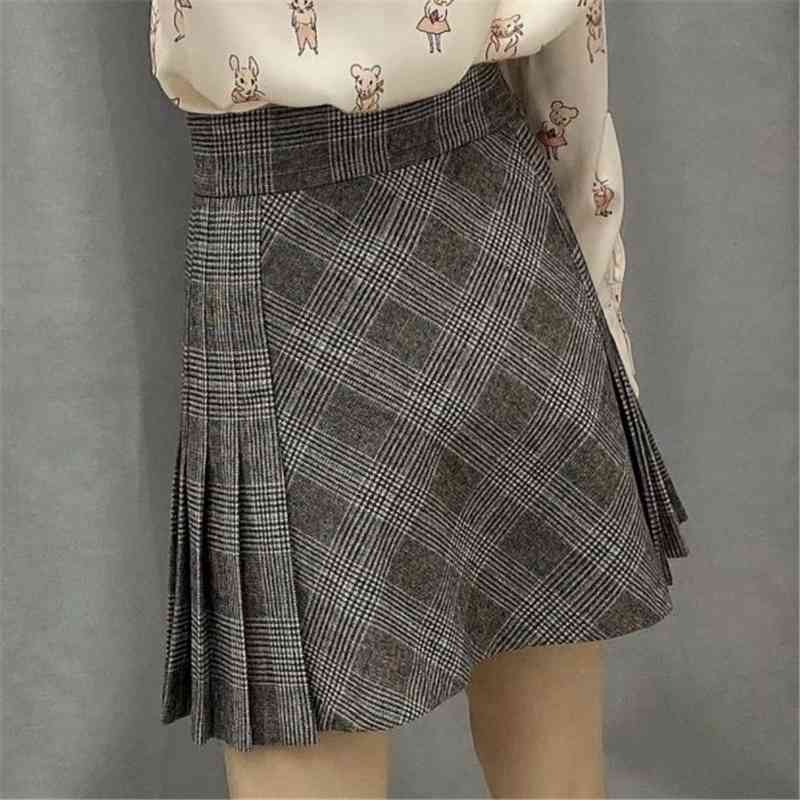 Streetwear Women Elegant Woolen Skirts Fashion Ladies Grey Plaid Vintage Female Chic High Waist Pleated Skirt 210430