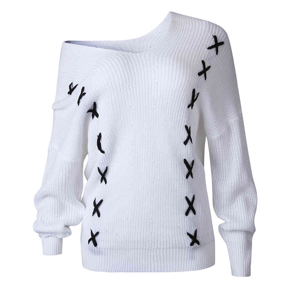 Women Fall Long Sleeve V Neck Knitted Cross Criss Striped White Sweater Causal Off Shoulder Loose Pullovers Jumper 210428