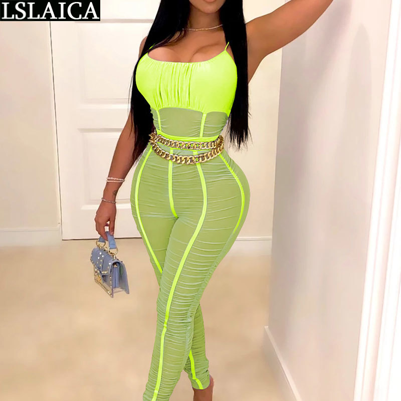 Women Jumpsuit Spaghetti Strap Solid Color Backless Sexy Bodysuit Streetwear Mesh See Through Club Skinny 210520