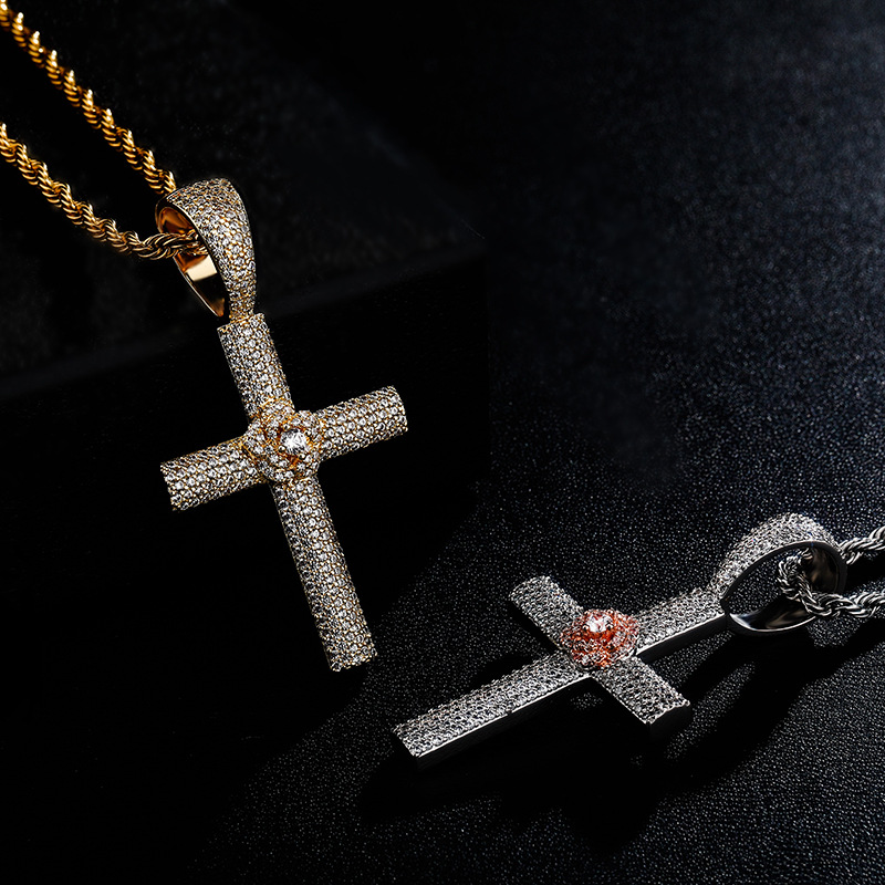 Hip Hop Rose Cross Pendant Necklace Shining Bling Zirconia For Men Women Gift with Twisted Rope Chain