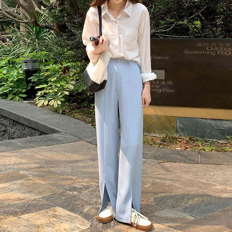 MATAKAWA Split Wide Leg Woman Pants High Waist Straight Women Pants Drape Mopping Suit Trousers Long Casual Pants for Women 210513