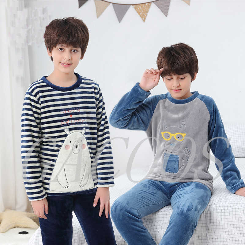 Boys Girls Clothes Pajamas Set Flannel Fleece Warm Catoon Sleepwear Teen Home Suit Winter Fall Spring 6 8 10 12 14Y Pyjamas Kids 210728