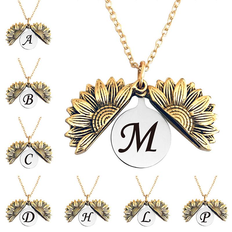 Pendant Necklaces Sunflower For Women Stainless Steel Open Locket 26 English Letters Necklace Birthday Gift Boho Jewelry