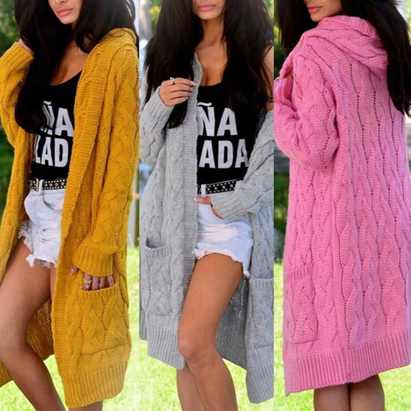 Autumn Lady Slim Fit Cardigan Long Pocket Grey Hooded Sweater Winter Clothes Women Knitted Casual Loose Femme Chandails 210604