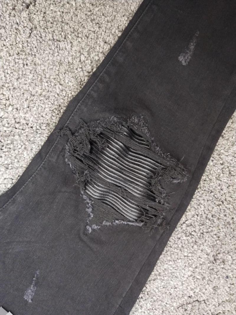 Men's Jeans Men Pu Leather Ribbed Patch Skinny Distressed Black