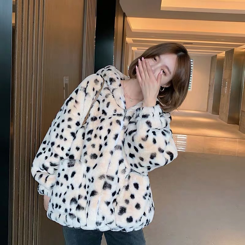 HIGH QUALITY Winter Stay Warm Oversize Hooded Large size Leopard Faux Fur Coat Casual Long sleeve Women Jacket Outwear 210429