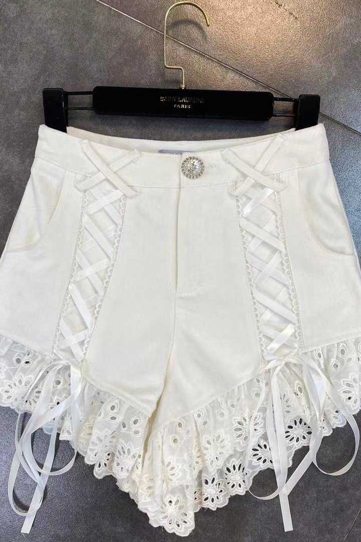 DEAT Spring Arrivals High Waist Drawstring Lace Patchwork Denim Shorts Women Streetwear ML506 210611