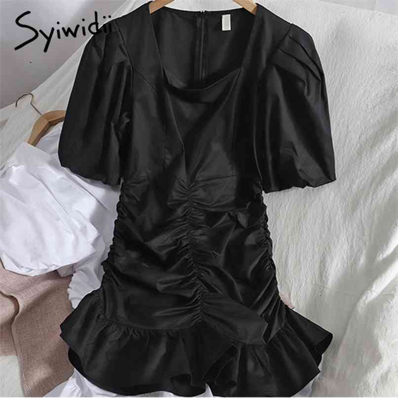 

Fashion Ruffles Spliced Folds Puff Sleeve High Waist Dresses Women Square Collar A-line Solid Clothes Summer Dress 210607, Black
