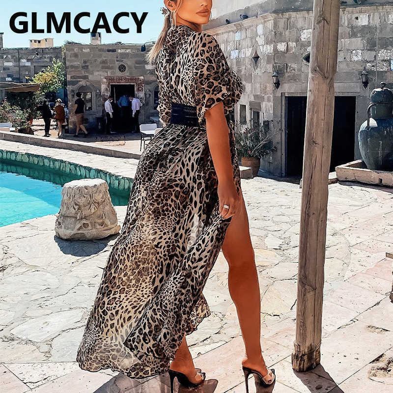 Short Sleeve V Neck Leopard Dress Summer Beach Cover Ups Long Dress 210702