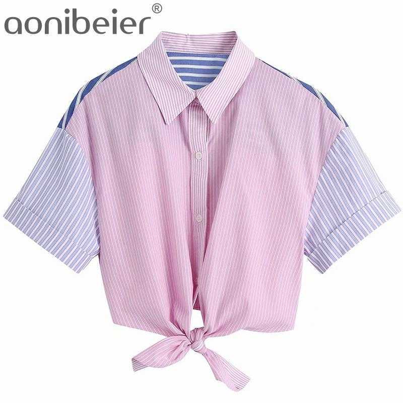 Summer Women Hem Knot Striped Splicing Blouse Crop Tops Female Short Sleeve Shirt Casual Lady Loose Blusas 210604, As pic
Summer Women Hem Knot Striped Splicing Blouse Crop Tops Female Short Sleeve Shirt Casual Lady Loose Blusas 210604, As pic