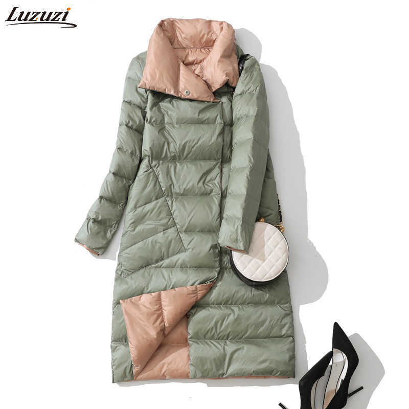 Luzuzi Women Double Sided Down Jacket Winter Turtleneck White Duck Down Coat Double Breasted Warm Padded Parkas Snow Long coat 210819