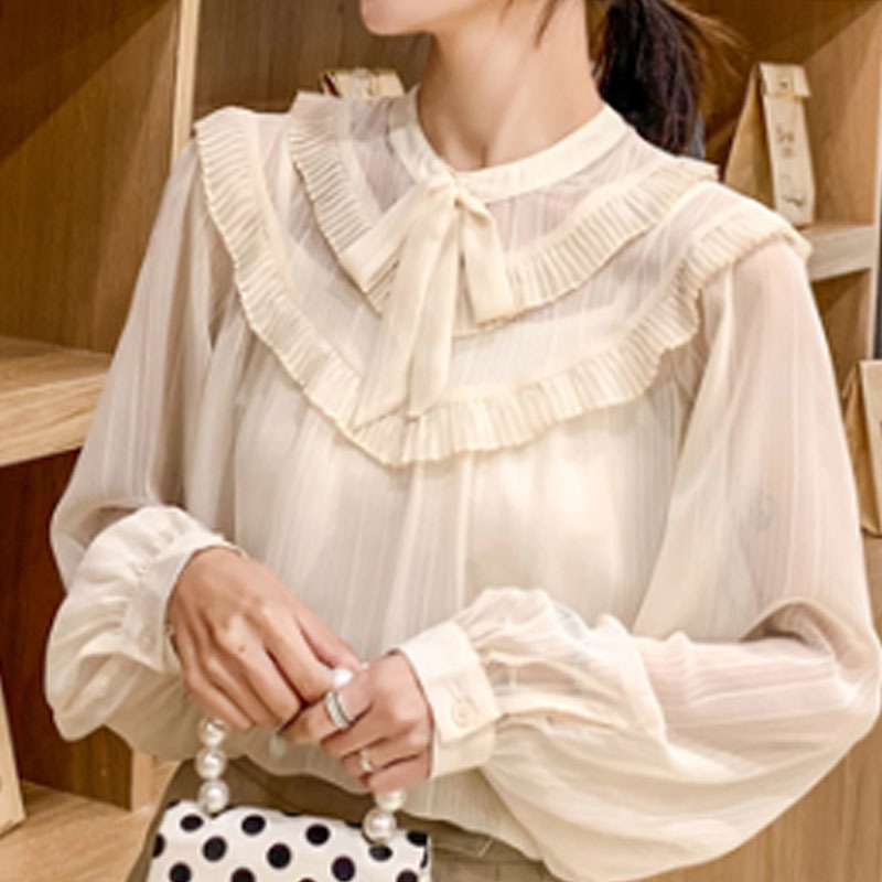 Fashion Ladies Tops Long Sleeve Casual Elegant Bow Chiffon Solid Beige Women Blouses and 5323 50 210427