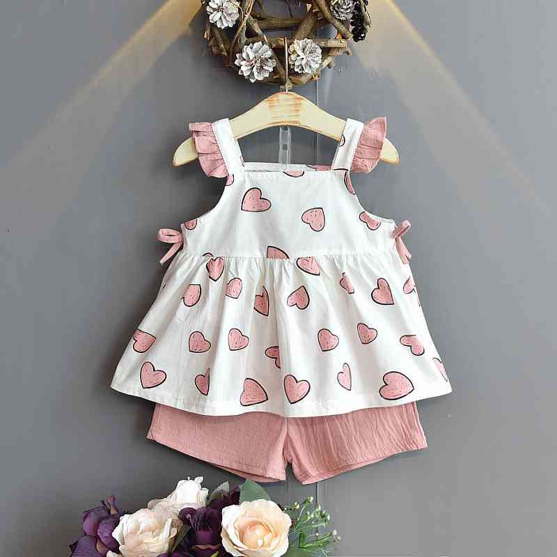 Girls' Clothes Set Summer Flying Sleeve Love Bowknot Patchwork Top + Pure Color Shorts 2PCS Baby Girls Casual 210515