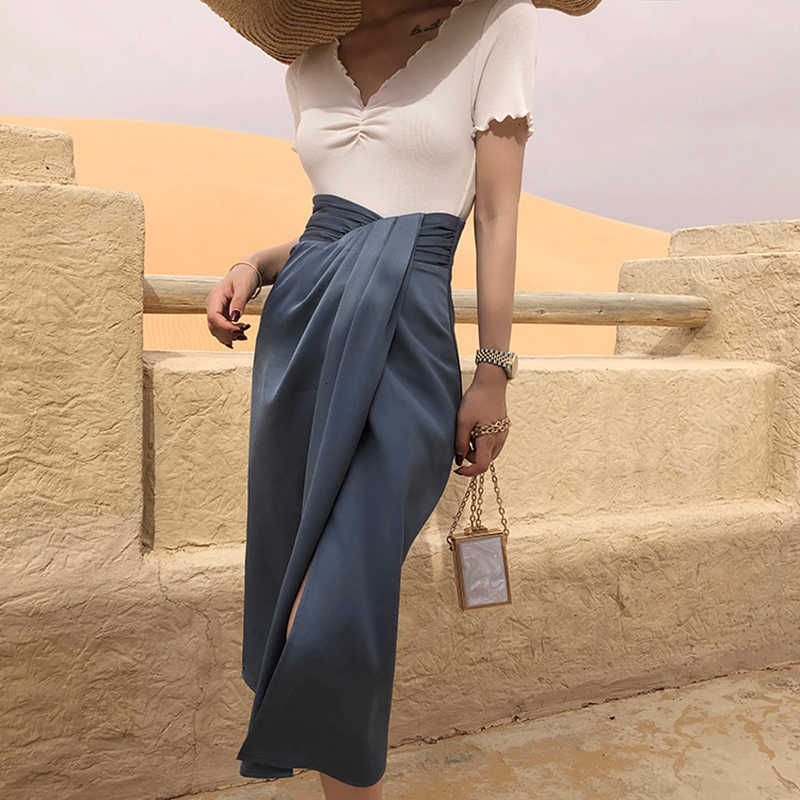 TWOTWINSTYLE Vintage Irregular Side Split Skirt Women High Waist Asymmetrical Ruched Skirts For Female Fashion Clothing 210619