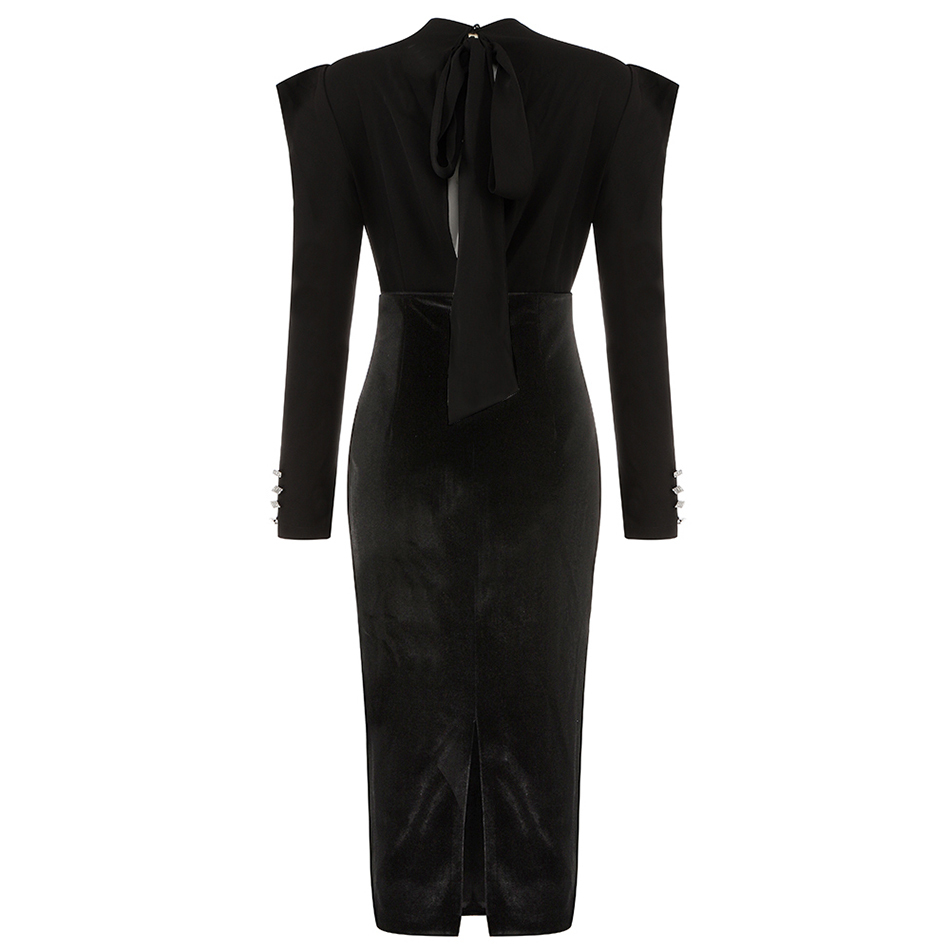 Free Chic Midi Dress Women Black Sexy O-neck Long Sleeve Draped Bow Bodycon Halter Club Party Vestidos 210524