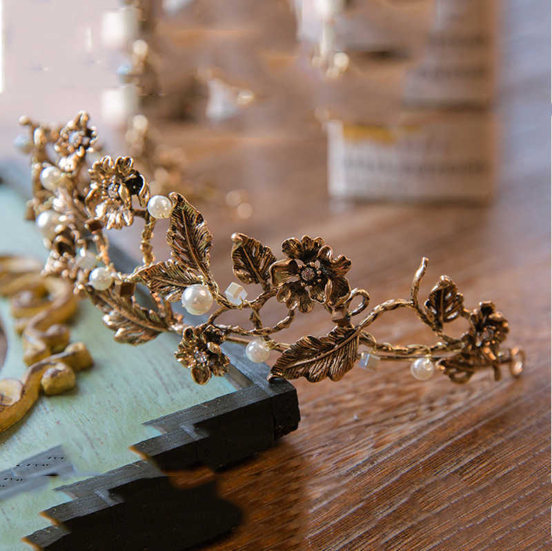 Vintage Baroque Gold Pearl Leaf Bridal Tiara Crystal Crown Hairband Headpiece Vine Wedding Hair Accessories Bride Headband 210701