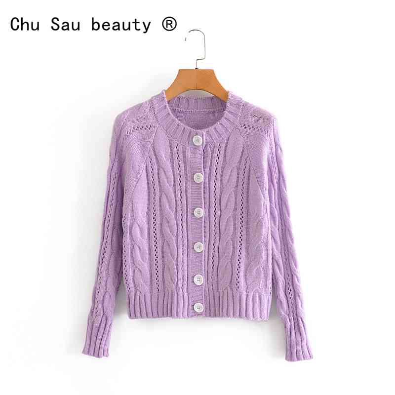 Women Autumn Sweet Solid Twist Hollow Single Breasted Knitted Cardigan loose Korean Sweater Coat Woman Tops 210514