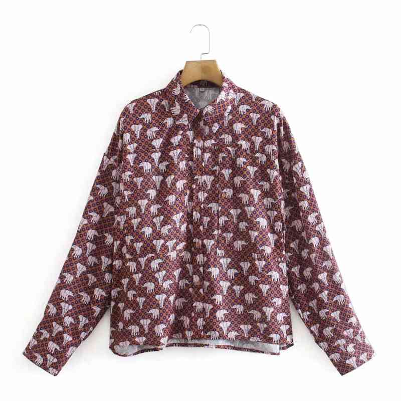 Spring Women Elephant Print Loose Shirt Femme Turndown Collar Long Sleeve Blouse Casual Lady Tops Blusas S8101 210430