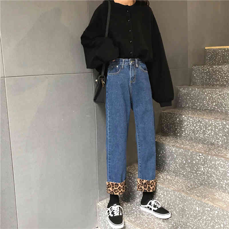 Boyfriends Jeans for Women Leopard Print Loose Harem High Waisted Vintage Female Casual Streetwear Denim Pants 210428